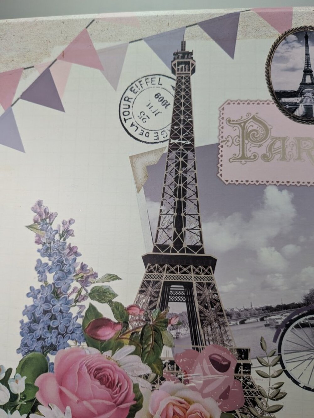 Paris Eiffel Tower Collage Storage Box Whimsical Rustic Floral Large